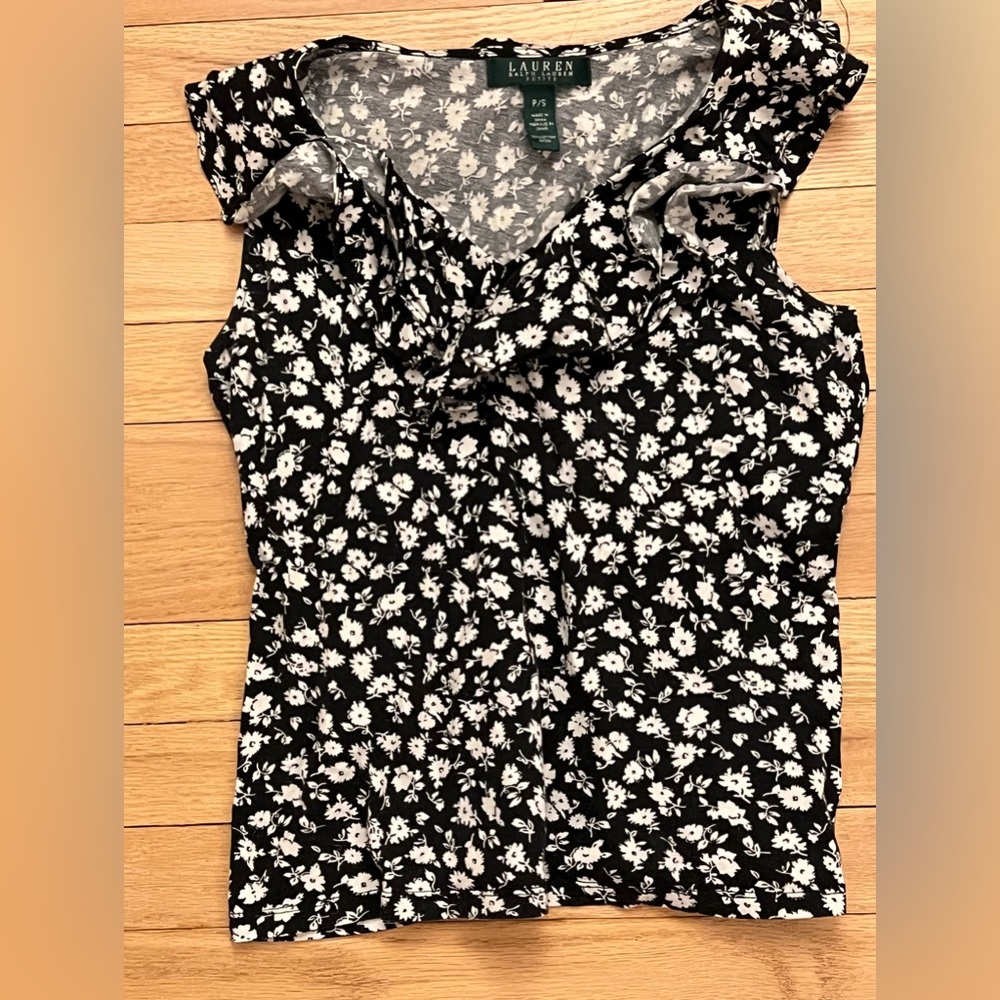 Lauren Ralph Lauren Petite Floral Top Black White P/S